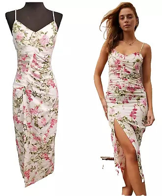 ZARA Pink Floral Front Slit  Ruched Bodice Linen Blend Midi Dress Size XS NWOT • $48