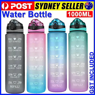 1L Water Bottle Motivational Drink Flask With Time Markings BPA Free Sport Gym • $13.95