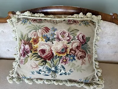 NeedlePoint Pillow Tassels Roses Floral Bouquet Blue Ribbon Down Feather Vintage • $85