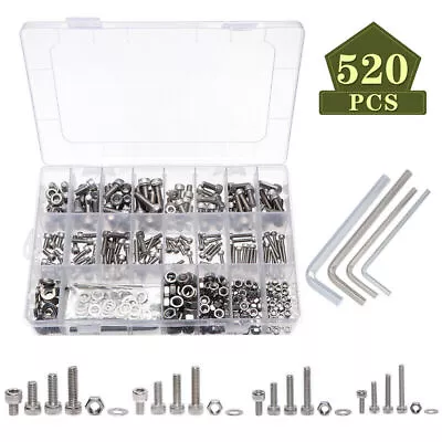 520pc M3-M6 304 Stainless Steel Hex Socket Button Head Bolts Screws Nuts Kit • $24.99