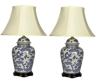£302 • Buy Pair Of Chinese Tall Jar Table Lamps With Shades - Blue Dragons