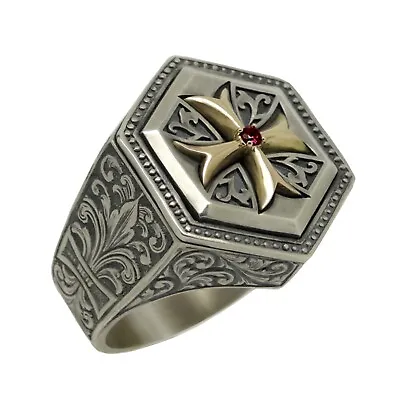 Knight Templar Silver 925 And 10K Gold Cross Men Ring Hand Engraved Fleur De Lis • $215