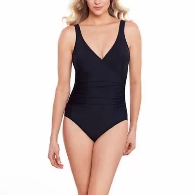 New Miradonna By Miraclesuit Size 16 Black One Piece Faux Wrap Swimsuit • $48