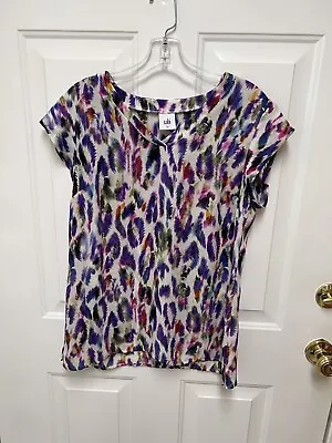 Cabi Plume Feather Multicolor Blouse Size Small Cap Sleeve V-Neck • $12