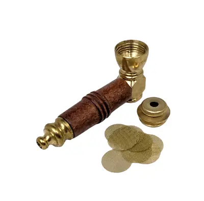 3  Metal Smoking Hand Pipe Brass Brown Wood Sleeve 10 Screens Lid • $15.95