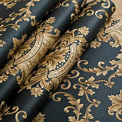 Luxury 3D Vinyl Wallpaper Wall Paper Rolls Textured Metallic Damask Black & Gold • $18.49