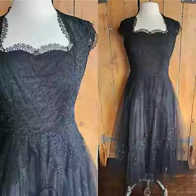 Vintage 50s Black Party Dress Tulle Lace Rhinestones M • $150