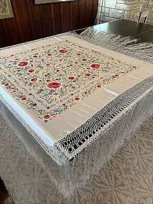 Spanish Flamenco Embroidered Silk Manton De Manila Piano Shawl Ivory Red Multi • $349