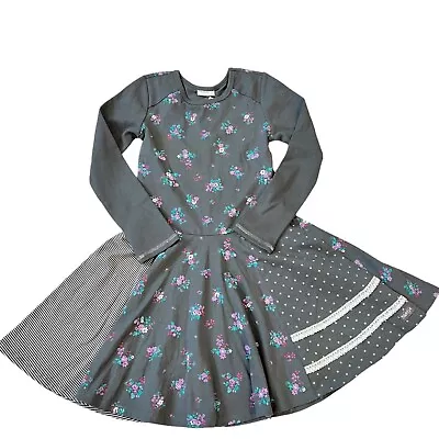 Naartjie Kids Girls Vintage Grey Long Sleeve Multi Pattern Dress NWT 9 • $22