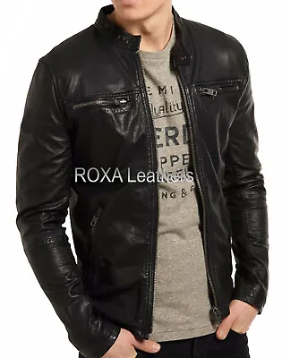 ROXA Modern Men Outwear Genuine Cowhide 100% Leather Jacket Black Biker Cow Coat • $115.19