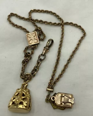 Sensational Antique Watch Chain With Etched Slide Charm Clip & Watch Fob • $50