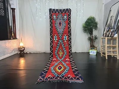 Handmade Moroccan Vintage Runner Rug 2'6 X11'4  Geometric Red Berber Cotton Rug • $330