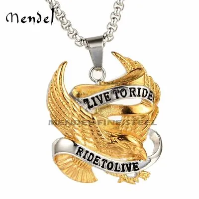 MENDEL Gold Plated Mens Motorcycle Biker Eagle Pendant Necklace Stainless Steel • $12.99