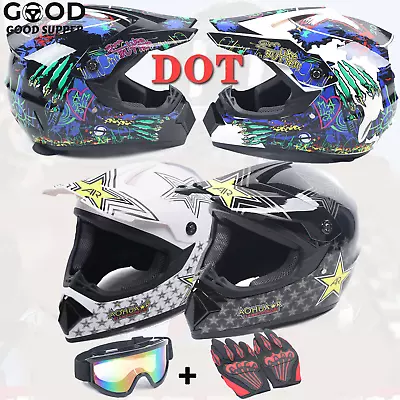 DOT Motorcycle Adult Helmet +Goggles +Gloves Motocross MX ATV Dirt Bike Off-Road • $43