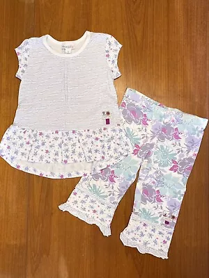 Girls Size 4 Naartjie Kids Shirt And Leggings Outfit White Striped Floral • $24