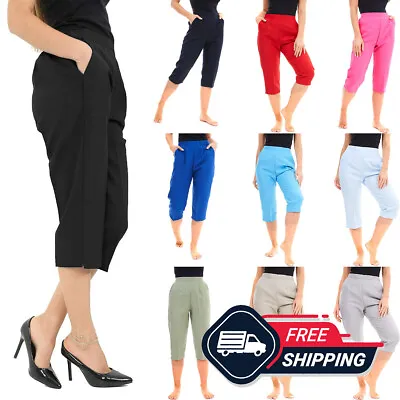 Ladies Womens Half Elasticated Waist 3/4 Three Quarter Cropped Trousers UK 8-24 • £6.75