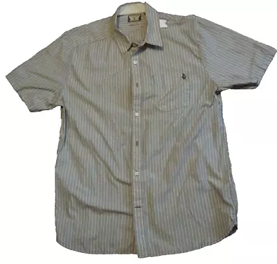 Volcom Shirt Mens Large Gray White Striped Short Sleeve Button Up Cotton Surfer • $11.99