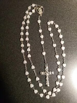 Vintage Silvertone Rosary With White Heart Shaped Beads New • $15