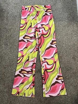 Ladies Groovy 70’s Pink & Green Skinny Fit Flare Leg Trousers Size S • £6.99