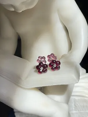 Van Cleef & Arpels 18k Yellow Gold Carved Tourmaline Diamond Flower Earrings • $7500