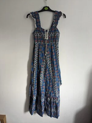 Made In England Vintage Dress Blue Floral 70's Midaxi Lace Up Detail • £25