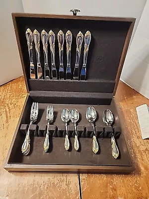 Yamazaki CACHE Stainless Gold Accent Japan Flatware 40 Pc Beautiful Mahogany Box • $550