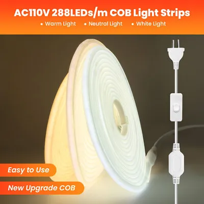 Neon COB LED Dimmable Strip Light 288Leds High Density 110V Flexible Strip 1-20M • $9.58