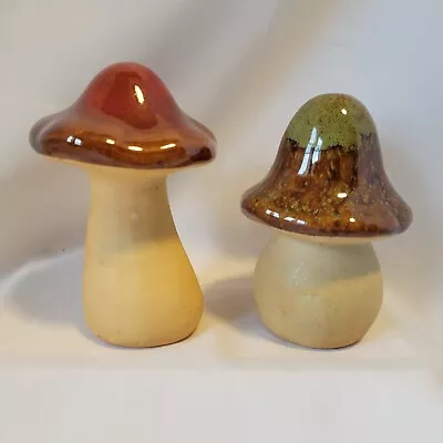 Vintage MCM Ceramic Mushrooms Drip Glazed Tops Studio Art Set Of 2 • $14.95