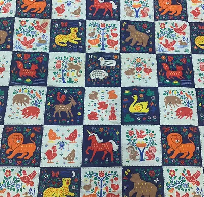 Vintage Embroidered Block Baby Quilt Blanket Square Animals Fox Bright Forrest • $49.99