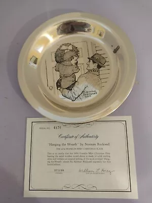 Norman Rockwell Sterling Silver Plate Hanging The Wreath 8  Christmas 1974 • $82