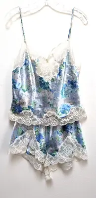Vtg Oscar De La Renta Blue Floral & Satin Camisole & Panties Lingerie Lunge Set • $35.99
