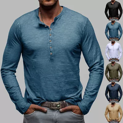 Mens Long Sleeve Henley Shirt Casual Baggy Button Pullover Solid T Shirt Tops UK • £10.09