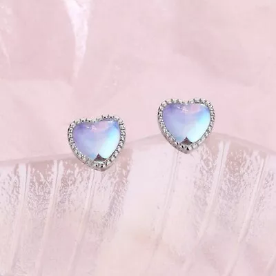 925 Sterling Silver Colourful Moon Stone Gem Love Heart Stud Earrings Girl Gift • £3.26