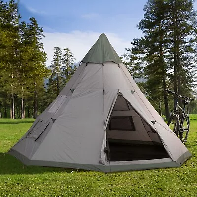 6 Man Tipi Tent Metal Poles Water-Resistant Walls Mesh Windows Zipped Door Green • £99.99