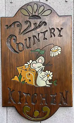 Vtg COUNTRY KITCHEN Wooden Farmhouse Sign Retro Wall Plaque Mouse Cheese Flower • $28.50