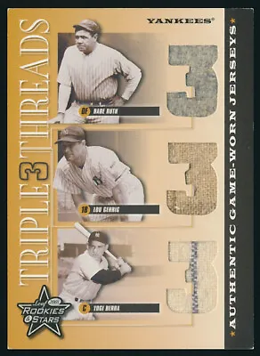 2001 Leaf Rookies & Stars Babe Ruth Lou Gehrig Yogi Berra Game Used Jersey /100 • $2000