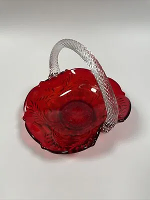 Mosser Ruby Red Berry Basket W/ Crystal Handle - Inverted Thistle Pattern • $14.99