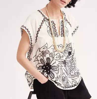Anthropologie Vanessa Virginia Linen Embroidered Rheya Tee White/Black (Size 6) • $29.99