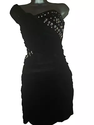 COTTON CLUB Ruched Black Diamante Stud Evening Dress - Size 12 • £13.95