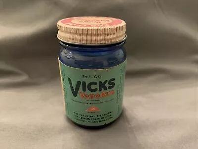 Vicks VapoRub Jar Cobalt Blue Glass Bottle W Label & Red White Tin Cap 3 3/4 Oz • $12