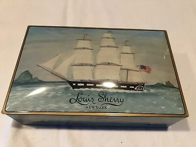 Louis Sherry Blue Sailing Ships Empty Metal Candy Box 2”x4”x6” • $10