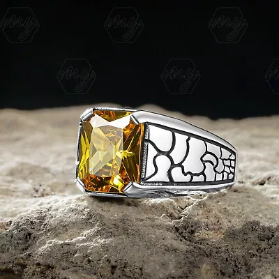 925 Sterling Silver Rectangle Shape Yellow Citrine Turkish Men's Ring • $39.90