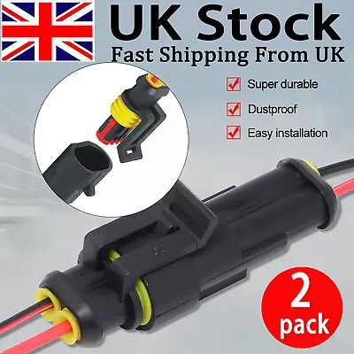 2 X Car Electrical Wire Cable 2Pin Connector Way Plug Kit Male&Female Waterproof • £3.69