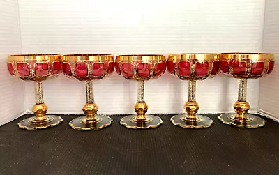 5  Antique Moser Bohemian  Cabochon Champaign Glasses Ruby Red & Gilt . • $329