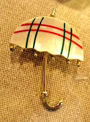 Vintage Parasol Umbrella Painted Plaid Mother Of Pearl MOP Gold Tone Brooch Pin • $9.94