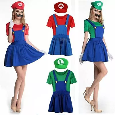 Womens Adult Super Mario And Luigi Fancy Dress Plumber Bros Halloween Costume UK • £9.89