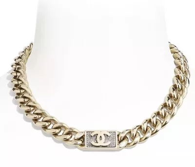 Chanel Strass Plaque Crystal Necklace Gold Cuban Chain CC Plate Crystals Choker • $299