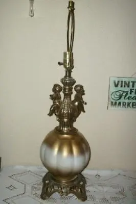 Vintage Glass Melon Cherubs Lamp  Metal Gold White Ef Industries Mid Century • $90