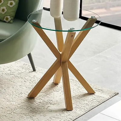 Spider Round Glass Side Lamp Table With Oak Effect Legs - Small Coffee AY21-OAK • £89