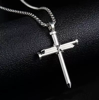 Mens Christ Jesus Nail Box Cross Pendant Necklace Stainless Steel Chain Silver • $10